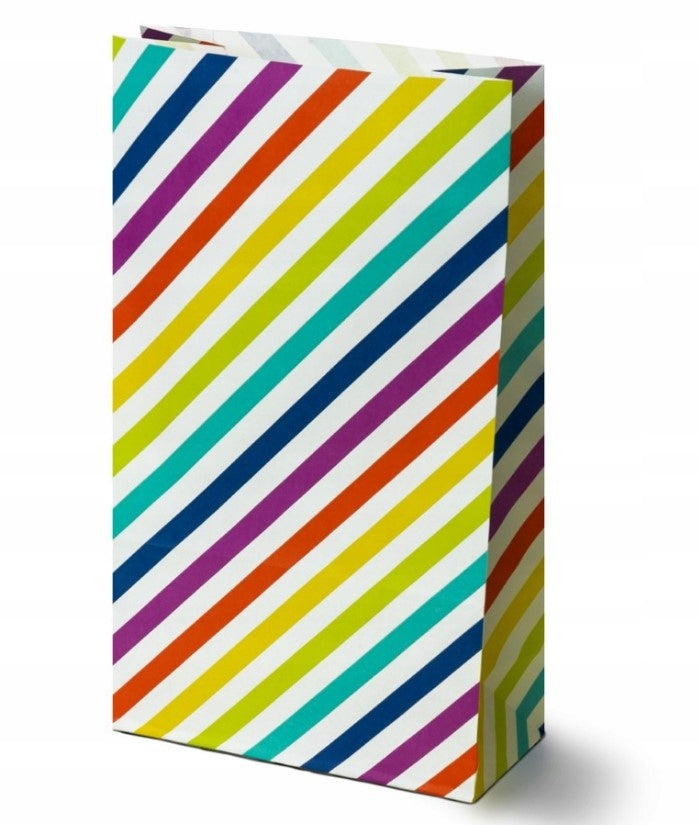 Torba papierowa klockowa 160x80x270mm Biała w kolorowe paski