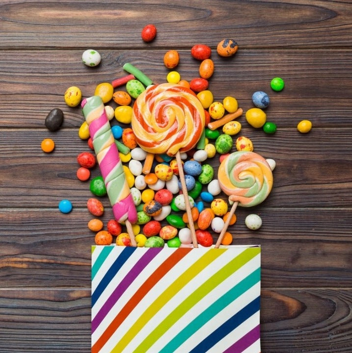 Torba papierowa klockowa 160x80x270mm Biała w kolorowe paski