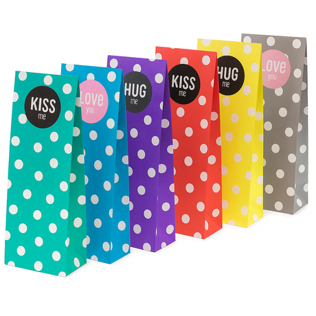 Torba papierowa klockowa 100x70x280mm w groszki + kolorowe naklejki Hug Kiss Love