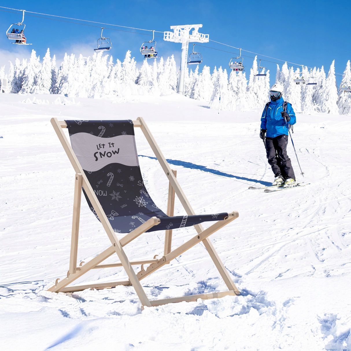 Leżak Zimowy Drewniany Granatowy LET IT SNOW