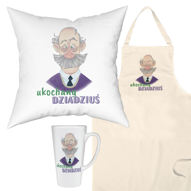 Zestaw Fartuch,Kubek,Poduszka Ukochany Dziadziuś Prezent na Dzień Dziadka