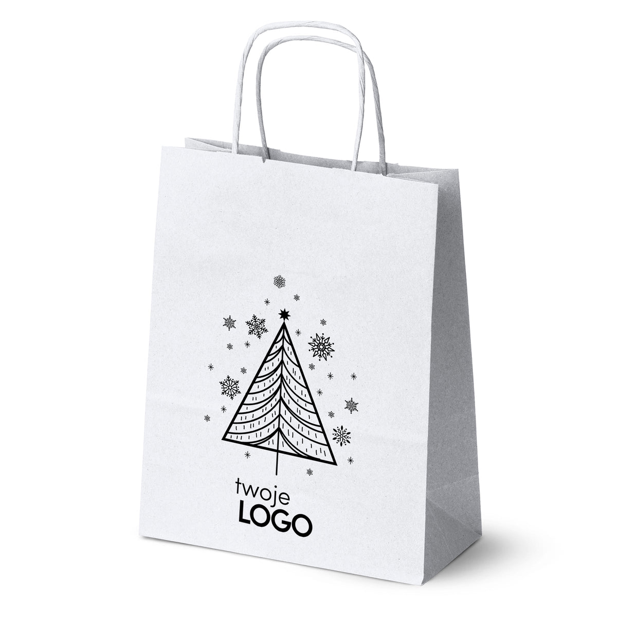 Torba papierowa świąteczna z logo 180 × 80 × 225 mm biała, wzór SW-01