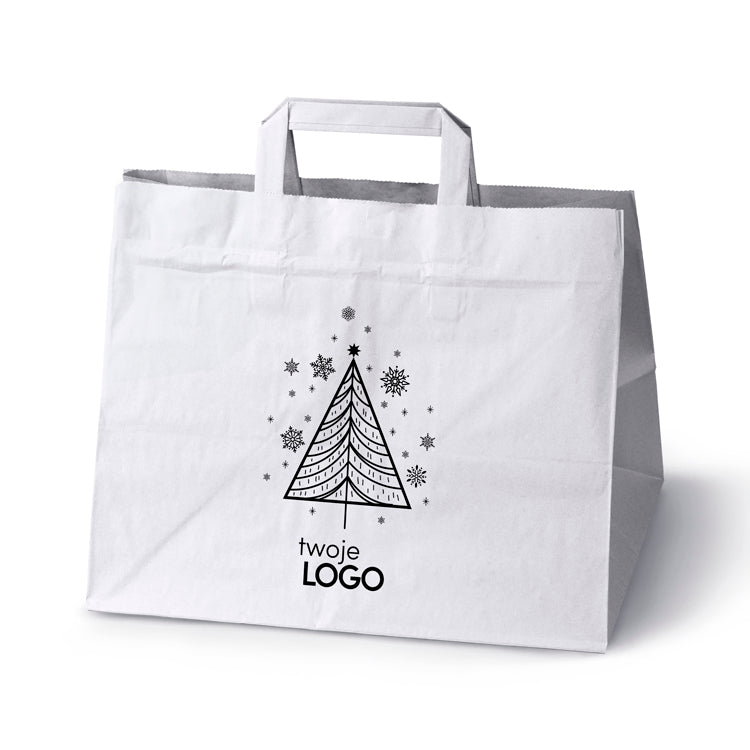 Torba papierowa świąteczna z logo 320 × 220 × 245 mm biała, wzór SW-01