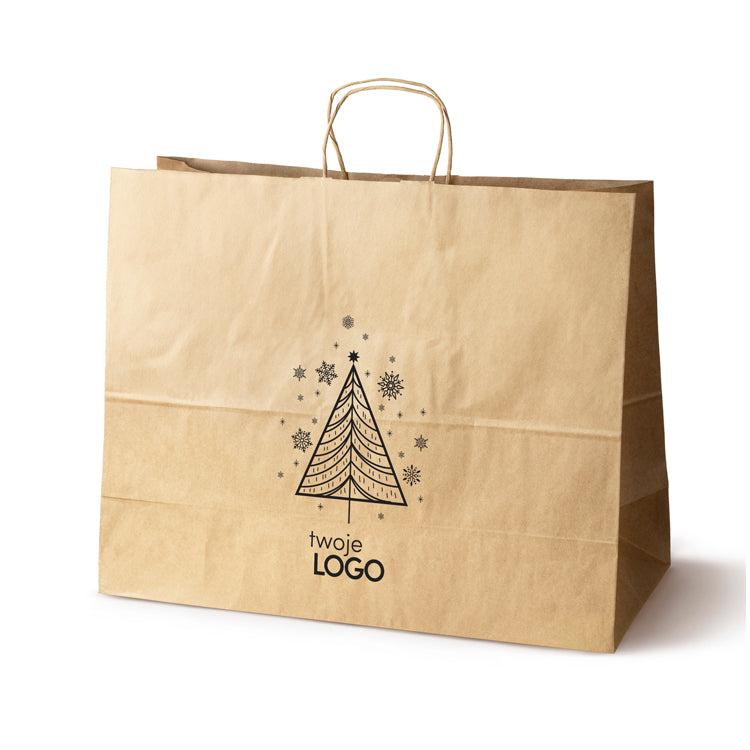 Torba papierowa świąteczna z logo 500 × 180 × 390 mm brązowa (kraft), wzór SW-01