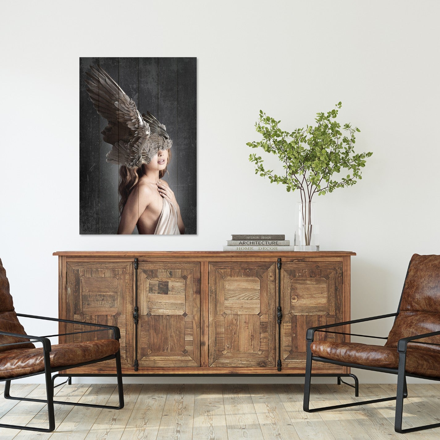 Obraz na drewnie Kobieta z ciemnymi skrzydłami - Brown Wings on the Head