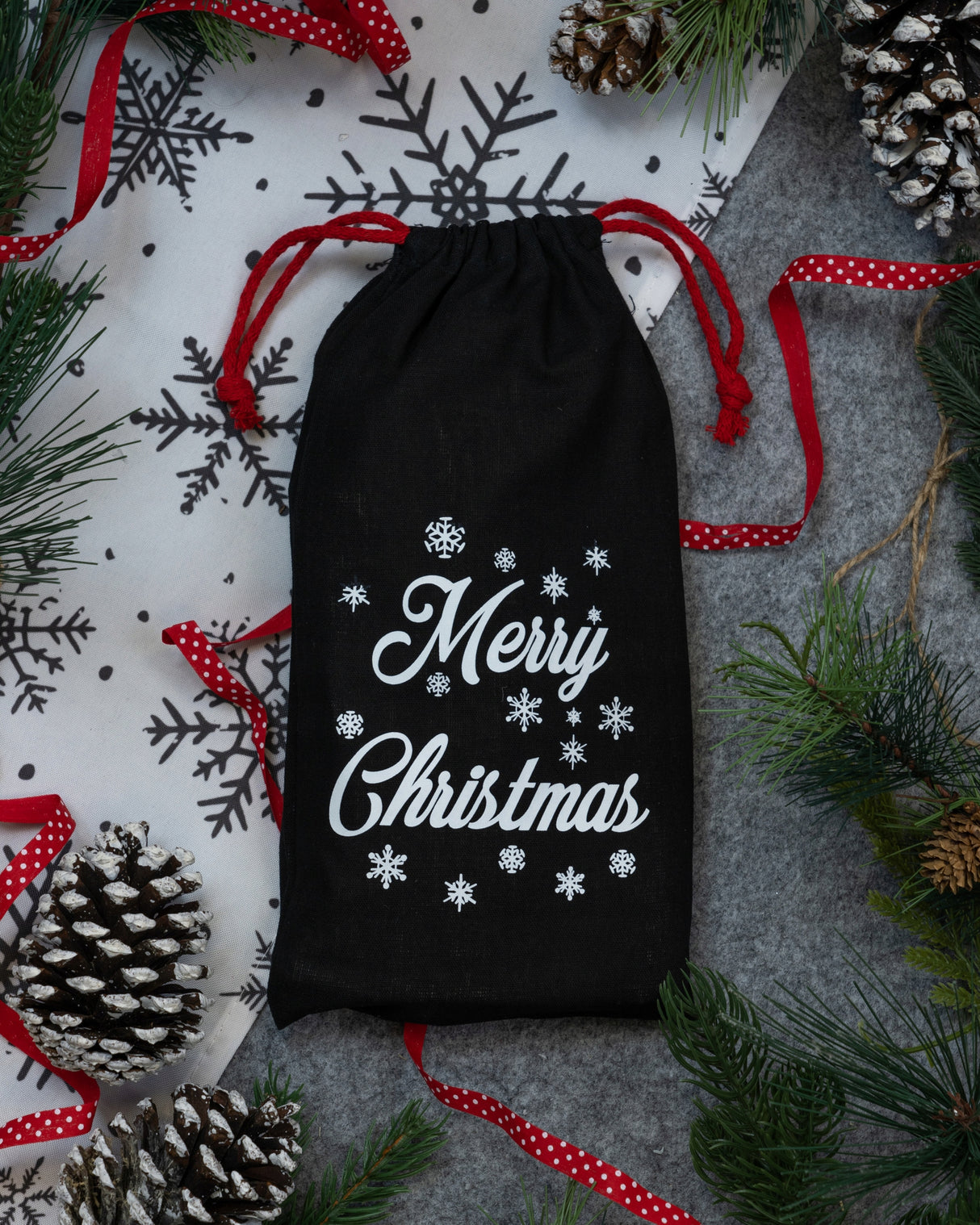Woreczek bawełniany świąteczny 15x30cm czarny MERRY CHRISTMAS