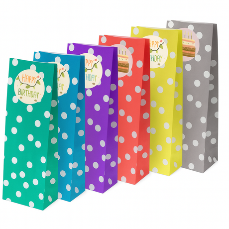 Torba papierowa klockowa 100x70x280 w groszki + naklejki Happy Birthday 6 szt.