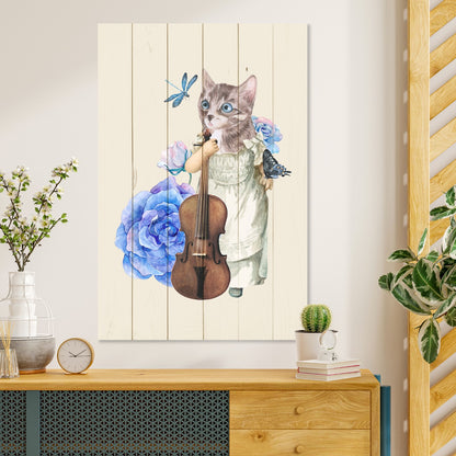 Obraz na drewnie Kot ze skrzypcami - Cat with Fiddle in Flowers