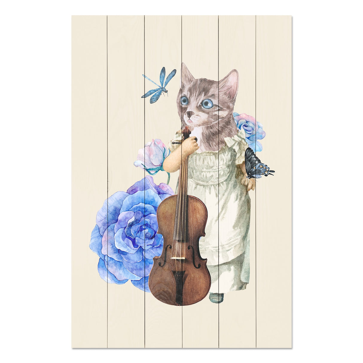 Obraz na drewnie Kot ze skrzypcami - Cat with Fiddle in Flowers