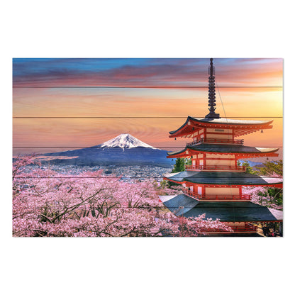 Obraz na drewnie Drzewa wiśniowe i góry Cherry Blossoms and Fuji Mountain