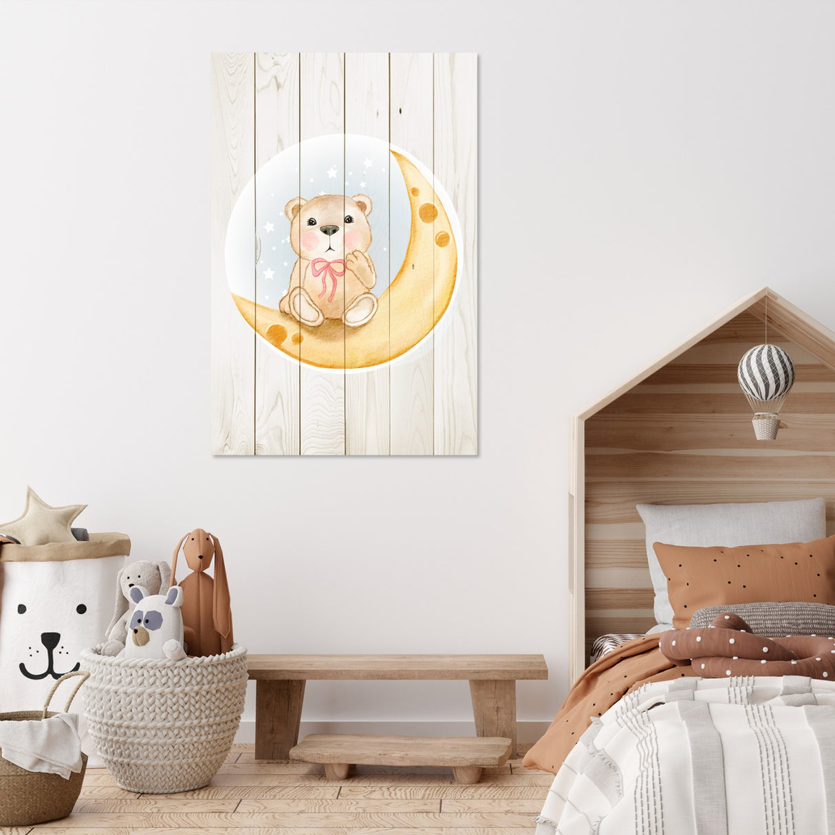 Obraz na drewnie Księżycowy miś - Cute Bear Sitting Moon Watercolor