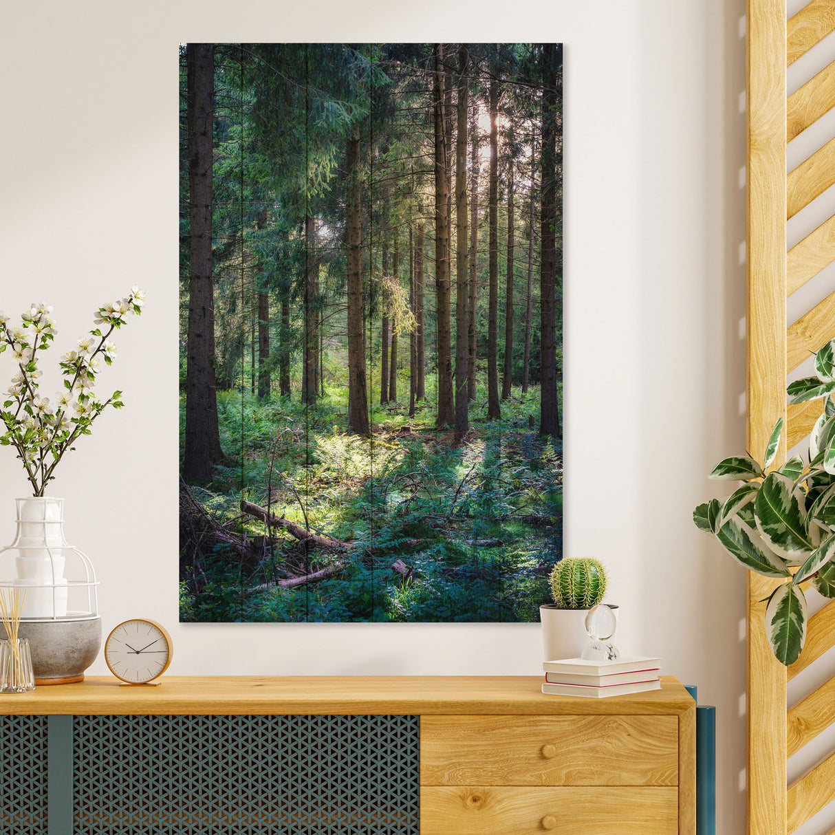 Obraz na drewnie Las w ciągu dnia - Forest in the Morning