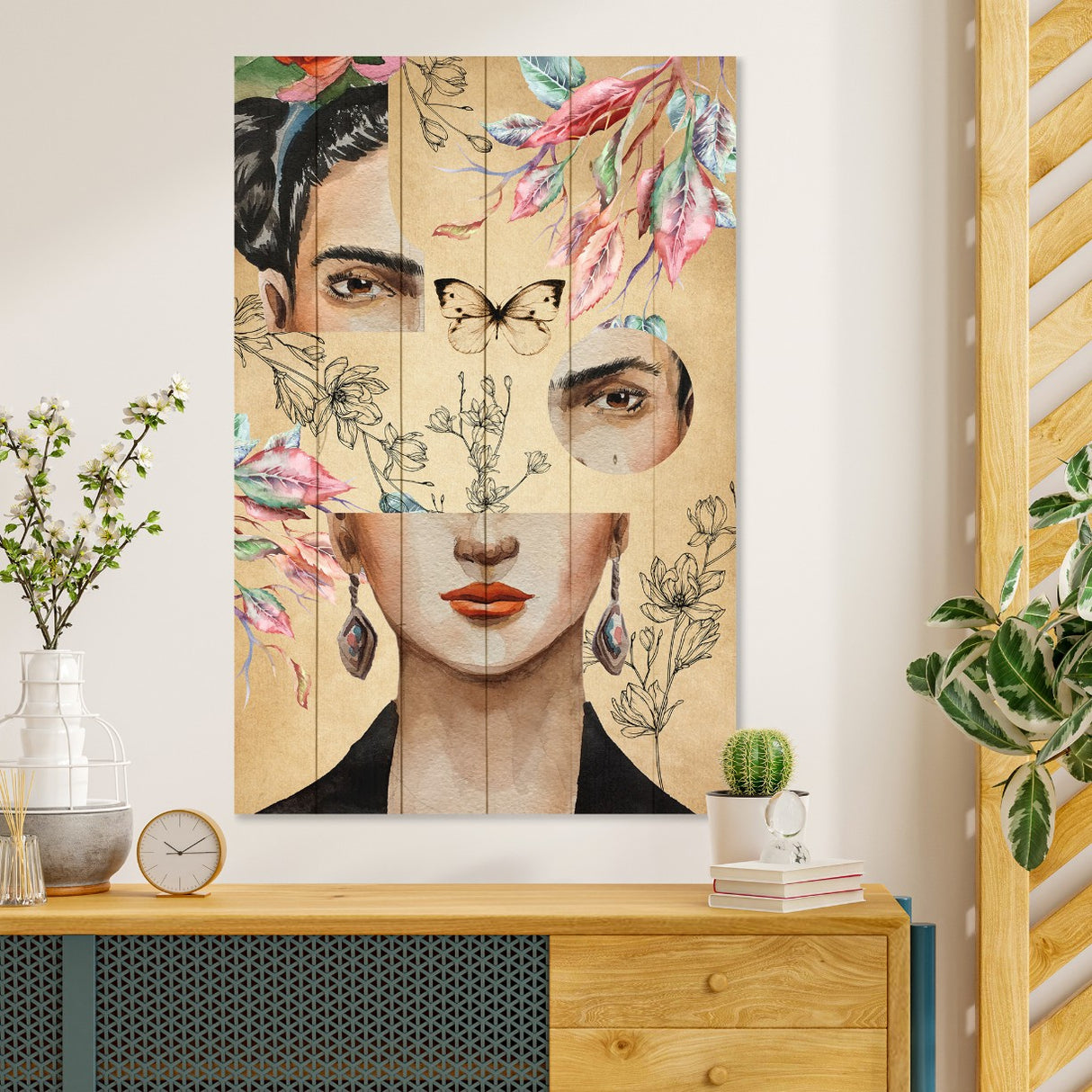 Obraz na drewnie Frida z kwiatami kolaż - Frida and Flower Collage
