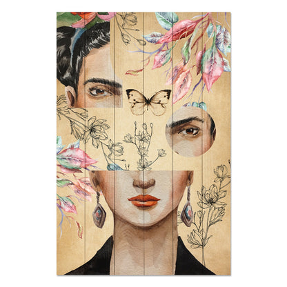 Obraz na drewnie Frida z kwiatami kolaż - Frida and Flower Collage