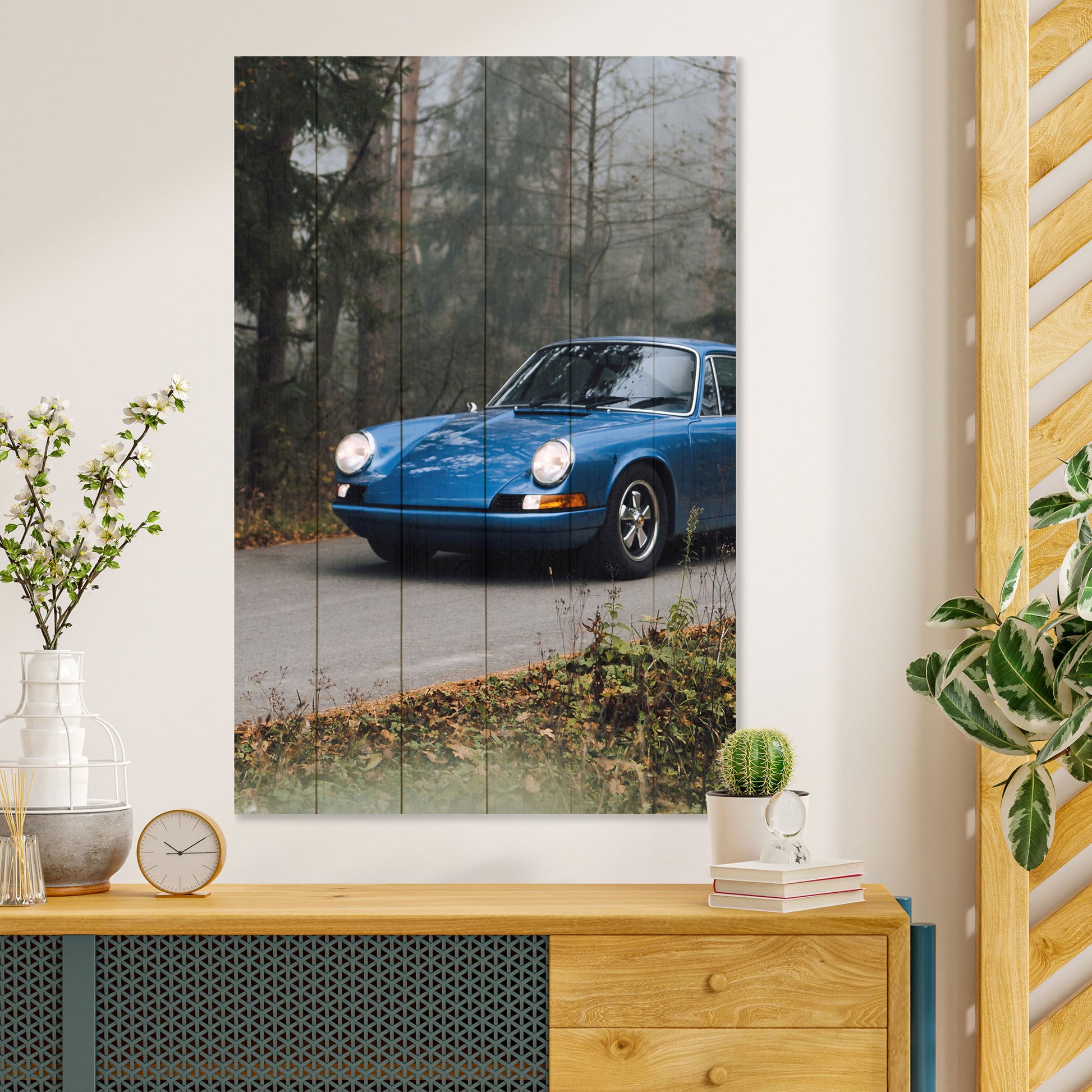 Obraz na drewnie Niebieski samochód - Morning Ride