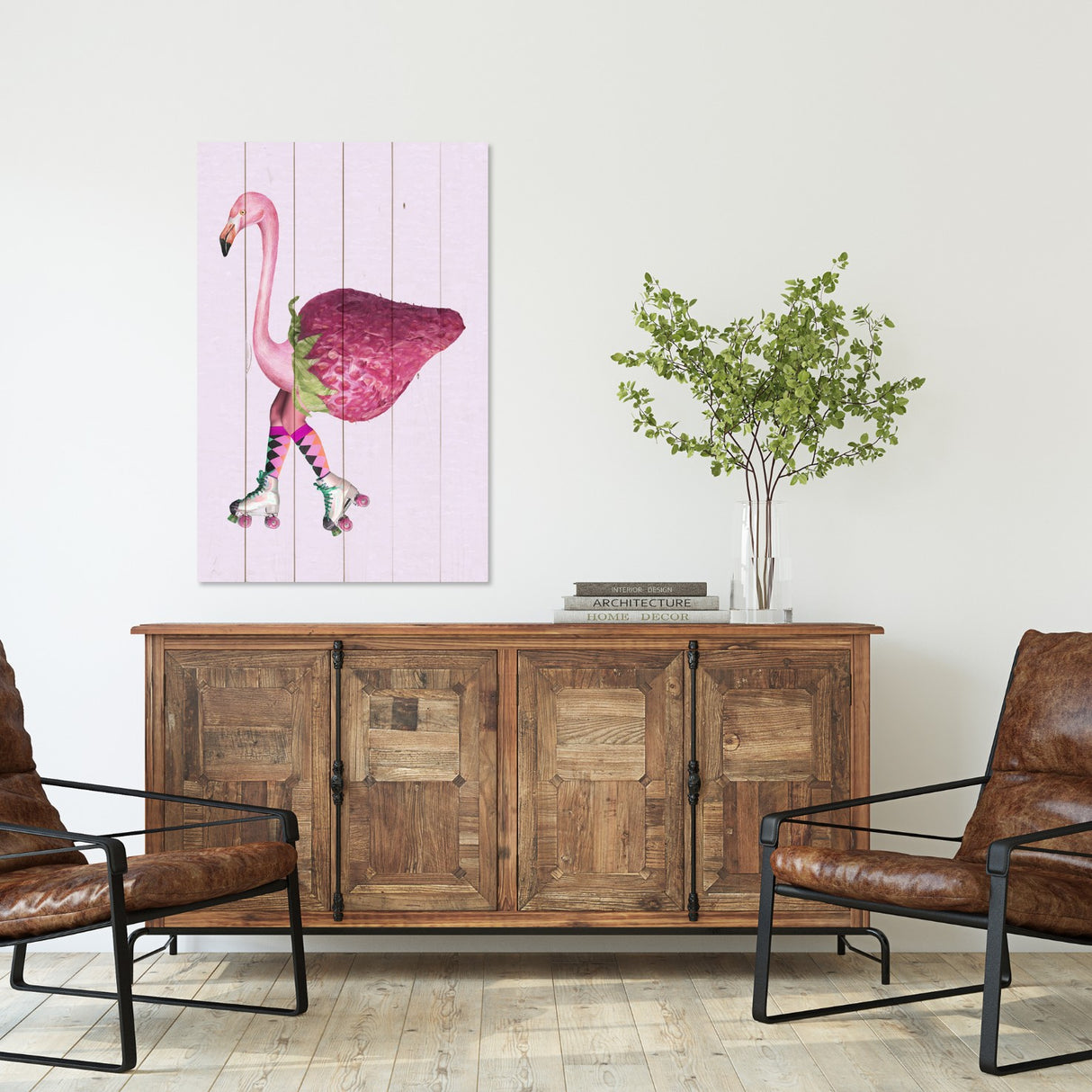 Obraz na drewnie Flaming z truskawką - Pink Flamingo with Strawberry