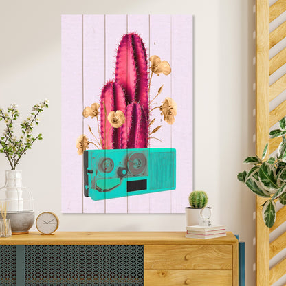 Obraz na drewnie Retro kaktus i radio - Retro Pink Cactus on Radio
