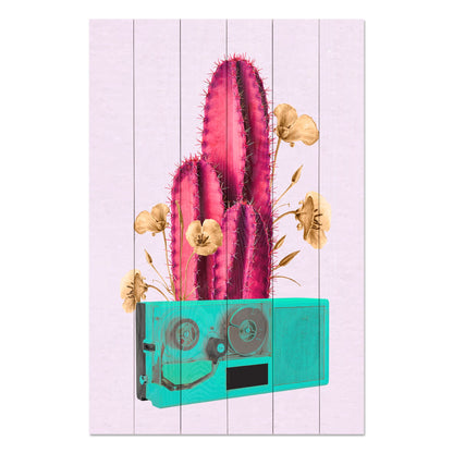 Obraz na drewnie Retro kaktus i radio - Retro Pink Cactus on Radio