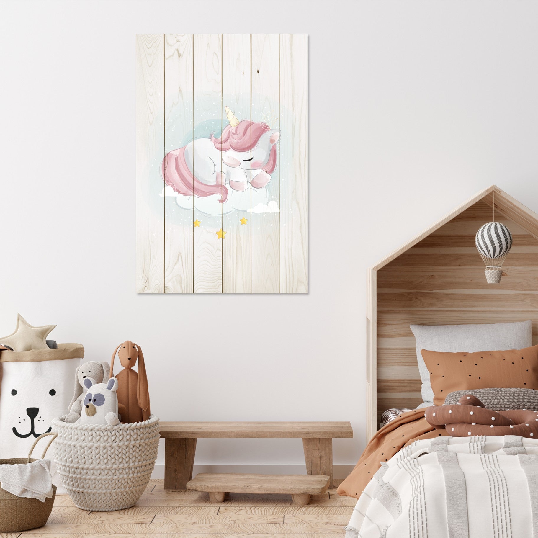 Obraz na drewnie Śpiący jednorożec - Sweet Unicorn Sleeping Cloud