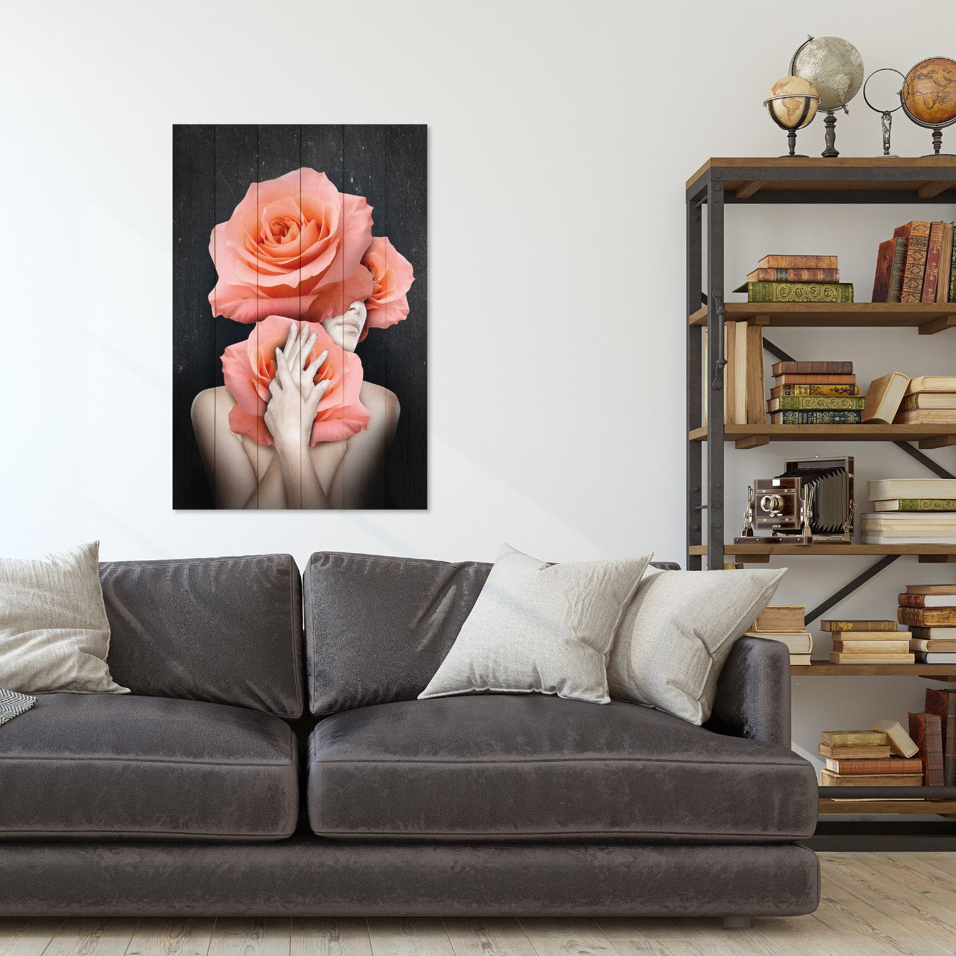 Obraz na drewnie Kobieta z dużymi różami - Woman Hugging Flowers
