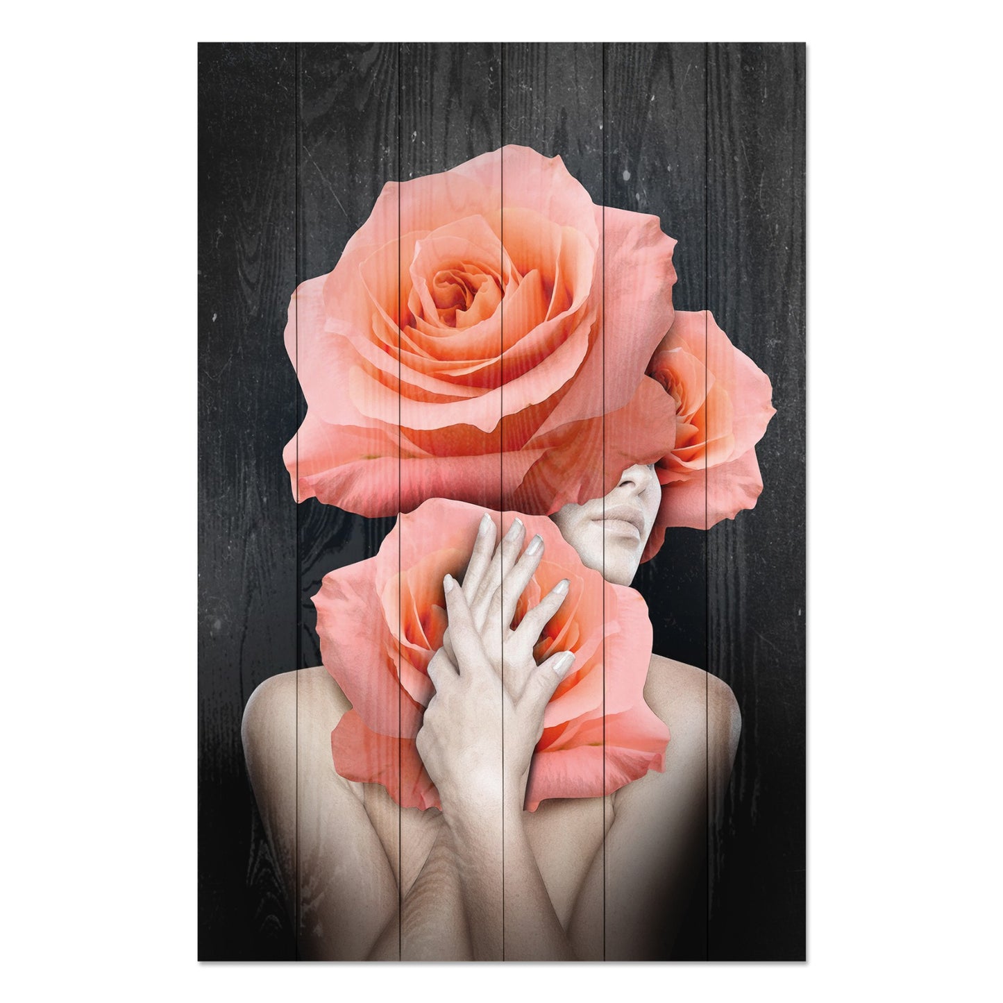 Obraz na drewnie Kobieta z dużymi różami - Woman Hugging Flowers