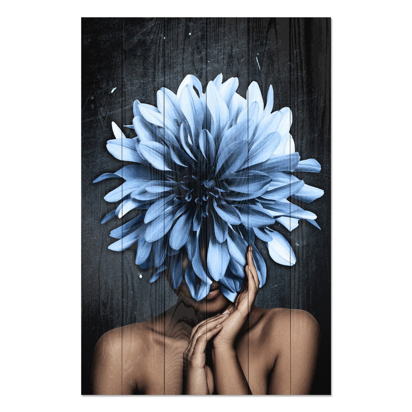 Obraz na drewnie Kobieta z niebieskim kwiatem - Woman with a Large Blue Flowers