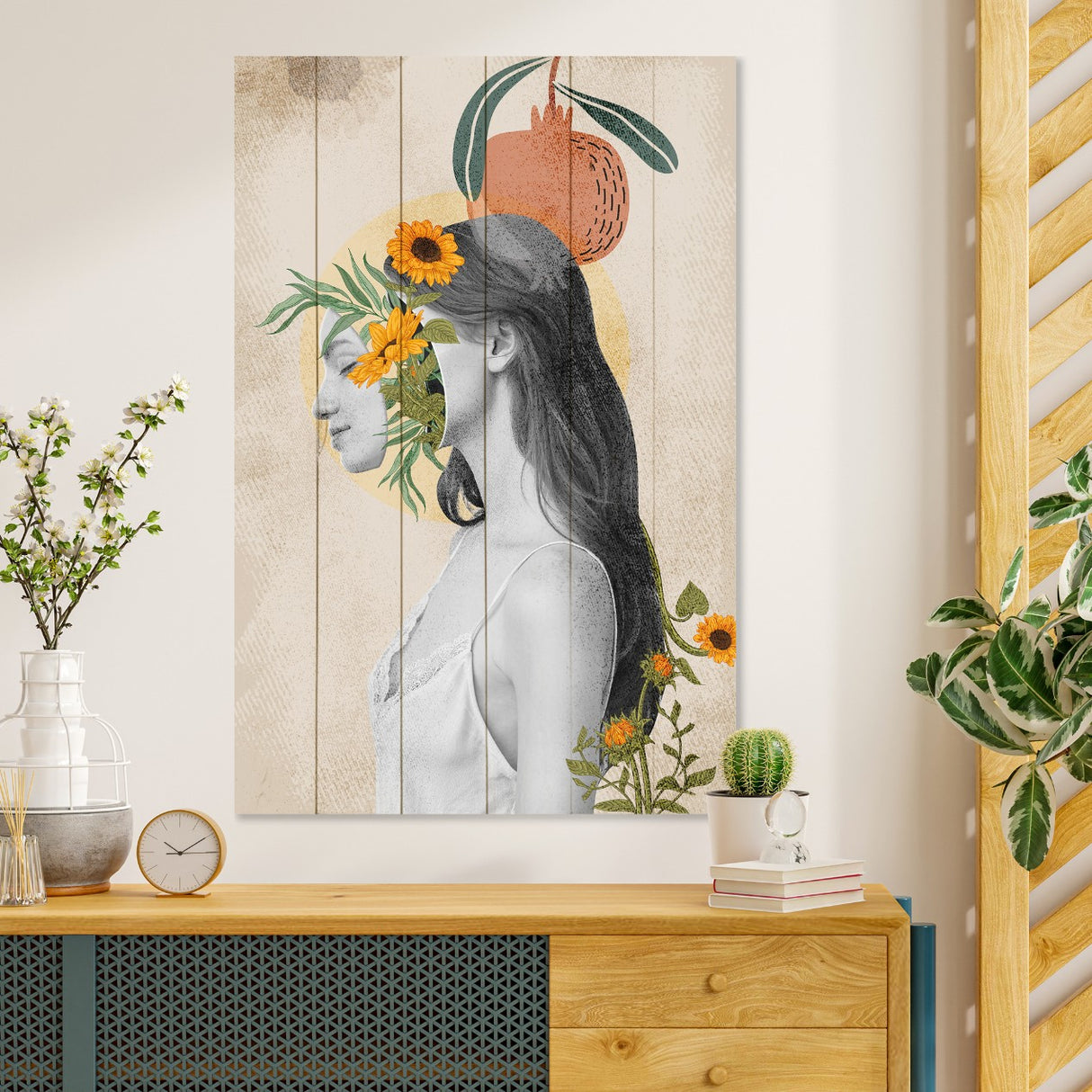 Obraz na drewnie Kobieta z pomarańczowymi kwiatami - Woman with Head in Flowers