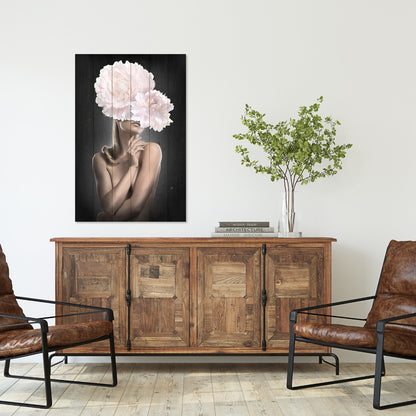 Obraz na drewnie Kobieta z kwiatami - Woman with Pink Peonies